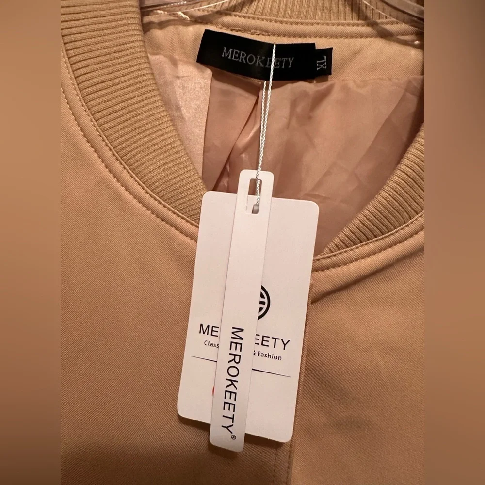 NWT Merokeety Women’s Cropped‎ Snap Front Crew Neck Bomber Jacket Khaki Size XL - Picture 3 of 8